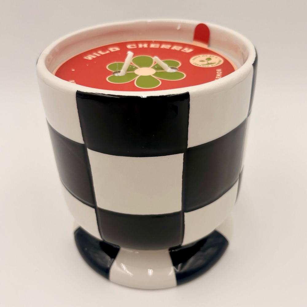 Neon Studio Wild Cherry Checkered Ceramic Candle Reusable Planter Black White